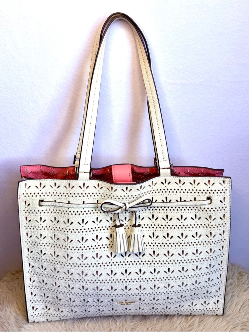 Kate Spade Hayes Perf Tote Bright White Carnation Leather Tassel Shoulder Bag